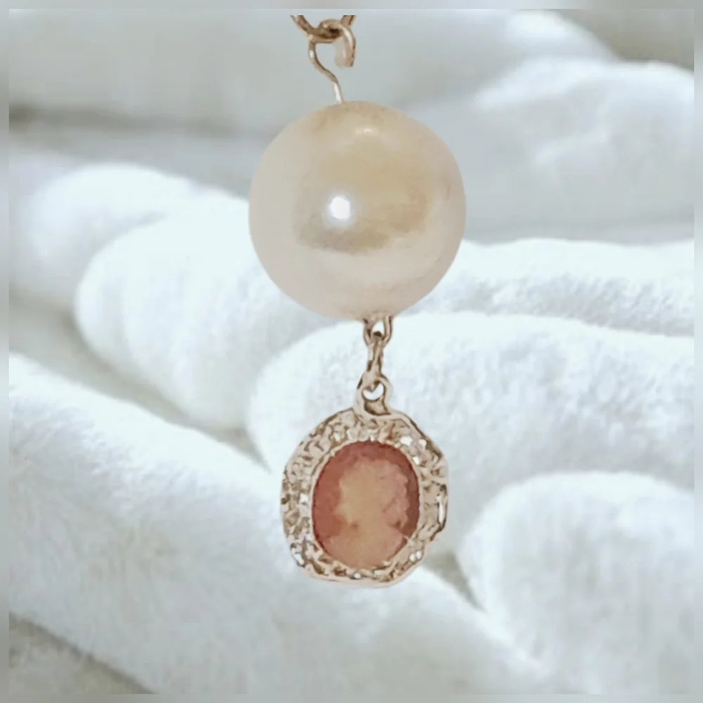 Gold Tone Multilayer Necklace with Faux Pearl and Small Cameo